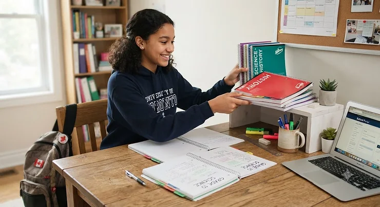 A Canadian high school student organizing multi-subject notebooks for high school classes at a wooden desk.