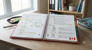 Neatly handwritten study notes inside open multi-subject notebooks for high school academic success.