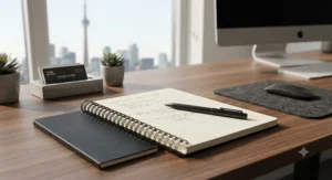 A professional desk setup featuring a minimalist single subject spiral notebook and pen in a Toronto office.