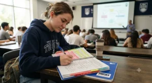 A Canadian university student taking organized lecture notes in a multi-subject notebook with color-coded dividers.