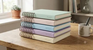 A neat stack of pastel-coloured coil notebooks with hard cover arranged on a wooden table.