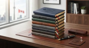 Custom-engraved premium notebooks designed as corporate gifts for Canadian businesses and executive teams.