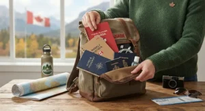 Compact pocket-sized coil notebooks for planners being packed into a travel bag for a trip across Canada.