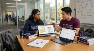 Two graduate students collaborating around a portable monitor sharing research notes in a Canadian campus study room.