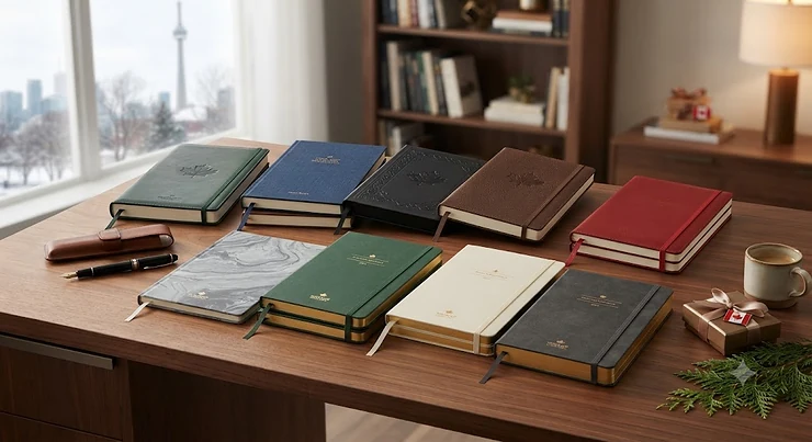 A luxurious collection of premium notebooks for gifting displayed on a wooden desk, popular across Canada for corporate and holiday presents.