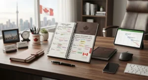 Executive desk setup highlighting professional coil notebooks for planners and project management tools.