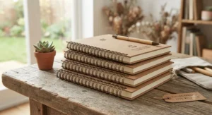 An eco-friendly recycled kraft display of coil notebooks with hard cover for sustainable stationery.