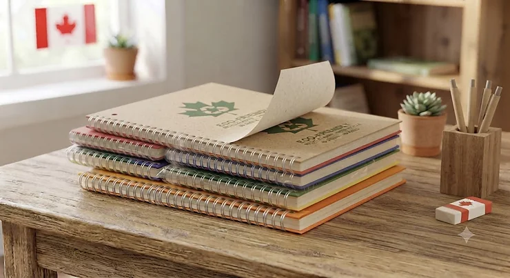 A colorful single subject notebook 5 pack displayed for Canadian back-to-school shopping on a wooden desk.
