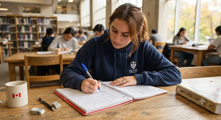 A Canadian student writing notes in a classic single subject spiral notebook with lined paper on a wooden desk.