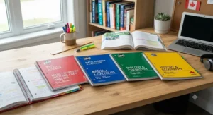 Durable spiral-bound multi-subject notebooks for high school laid out flat on a study desk.