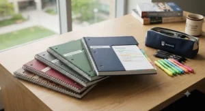 Durable spiral-bound multi-subject notebooks for university students displayed alongside pens and highlighters.