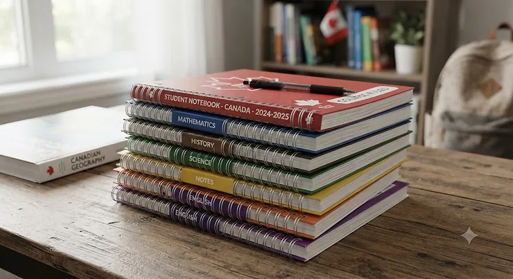 Stack of spiral notebooks for students preparing for the new school year in Canada.