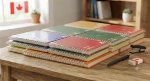 A Canadian student holding a single subject notebook 5 pack alongside a backpack ready for class.