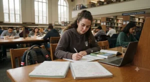 A student studying with notebooks for university students inside a Canadian campus library.