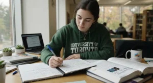 A Canadian student taking study notes in a wide ruled composition notebook at a desk.