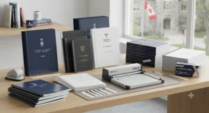 Thermal binding covers and supplies arranged neatly for clean, professional academic report binding.
