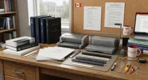 Assortment of binding and printing supplies for thesis submission displayed on a Canadian university desk.