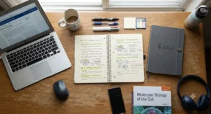 A desk flat lay showing essential notebooks for university students alongside a laptop and pens.