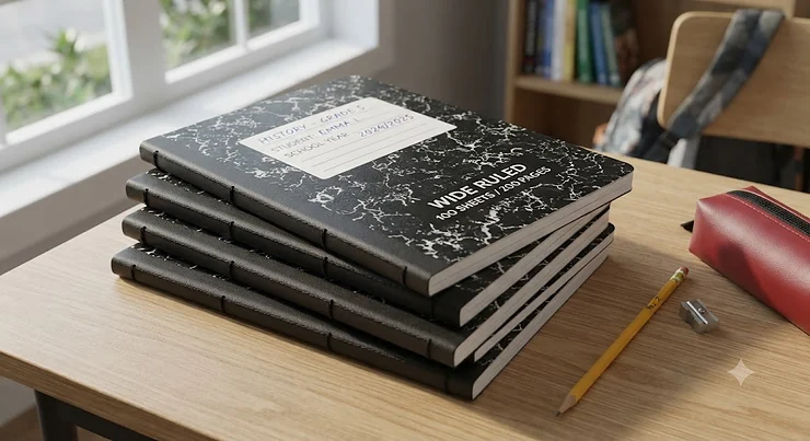 Wide ruled composition notebooks stacked neatly for a Canadian student getting ready for the new school year.