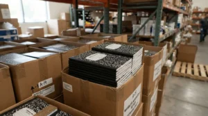 Opened cardboard boxes showcasing school essentials sourced via composition notebooks multi-pack deals for Canadian teachers.