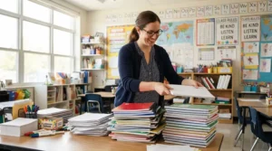 An educator sorting through composition notebooks multi-pack deals for back-to-school classroom bulk ordering across Canada.