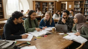 Students studying with Hilroy exercise books bulk pack deals at a public library in Halifax