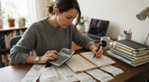 Calculating savings with Hilroy exercise books bulk pack deals at a kitchen table in Montreal