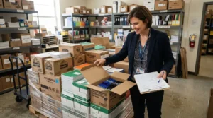 Administrators receiving Hilroy exercise books bulk pack deals for a district order in Winnipeg