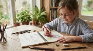 Student combining drawings and notes in Hilroy exercise books for elementary school