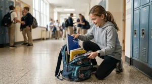 Young student packing Hilroy exercise books for elementary school into a colourful backpack