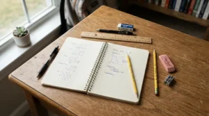 Traditional Hilroy exercise books for elementary school displayed alongside common school supply staples