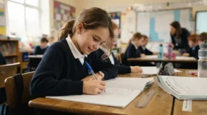 Student writing in Hilroy exercise books for elementary school during a French vocabulary lesson