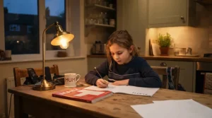 Child completing evening assignments using Hilroy exercise books for elementary school at a kitchen table