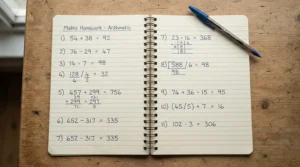Wide ruled pages inside Hilroy exercise books for elementary school filled with math equations