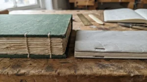 A close-up comparing sewn bound notebooks for daily journaling with a flimsy stapled booklet on a craft table.
