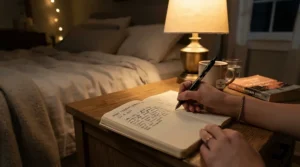 Writing reflections in sewn bound notebooks for daily journaling during a quiet evening routine by lamp light.