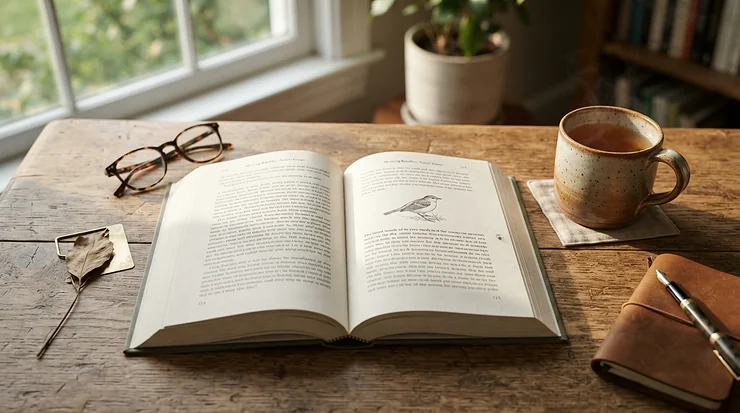 An open sewn bound notebook for daily journaling resting flat on a wooden desk near a steaming mug of tea.