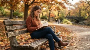 A commuter using sewn bound notebooks for daily journaling on a wooden park bench during autumn.
