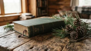 Sewn bound notebooks for daily journaling placed on a rustic cedar table surrounded by pine greenery.