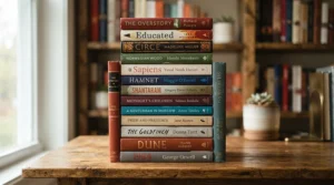 A neat stack of colorful sewn bound notebooks for daily journaling kept on a minimalist bookshelf.