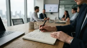 A business leader using stitched notebooks for professionals during a corporate strategy meeting in a downtown Toronto office