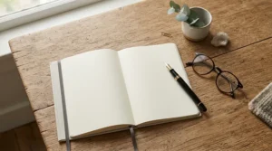 A flat lay arrangement of professional stationery including stitched notebooks for professionals, fountain pens, and eyeglasses