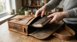 Demonstrating the durable spine of stitched notebooks for professionals being packed into a daily commuter bag