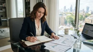 An executive reviewing financial charts while writing in stitched notebooks for professionals in a glass-walled office
