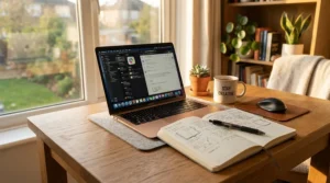 An organized home office workspace featuring stitched notebooks for professionals and a laptop on a wooden desk