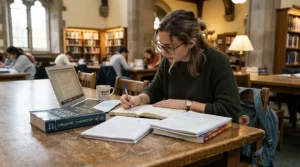 A university student reviewing lecture notes in stitched notebooks for professionals at a campus library table